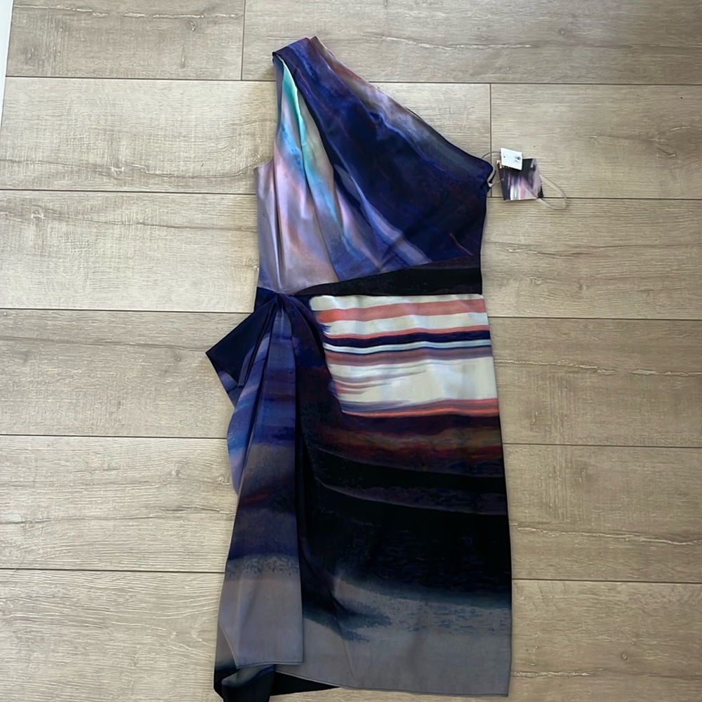 RACHEL ROY NWT ONE SHOULDER COCKTAIL DRESS SZ 6 NEVER WORN STUNNING PURPLE PRINT